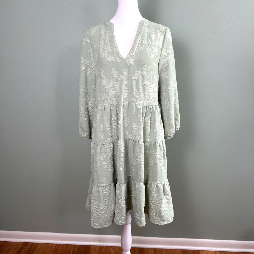Joie Floral Dress Small Green Knee Length 3/4 Sleeve Tiered Pocket Boho Cottage